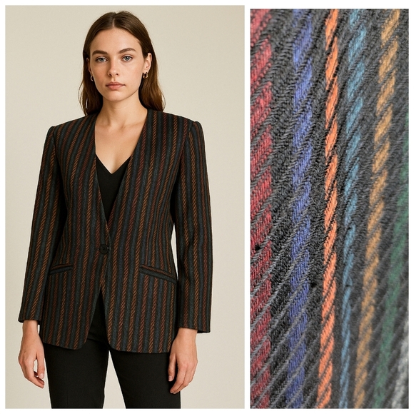 Vintage Blazer - Wool Blend Striped One Button Blazer Jacket Size Medium - Picture 1 of 12